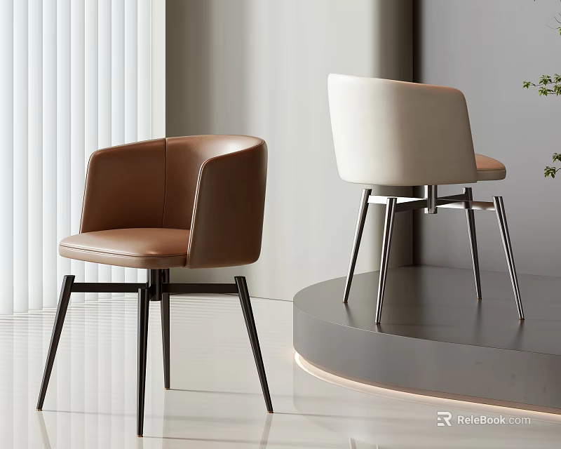 Stylish Brown Leather and Beige Accent Chairs with Metal Legs Modern Interior Design 3d model 
