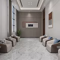 Modern Elevator Hallway with Marble Floor Wall Shelves Green Plants and City View Window