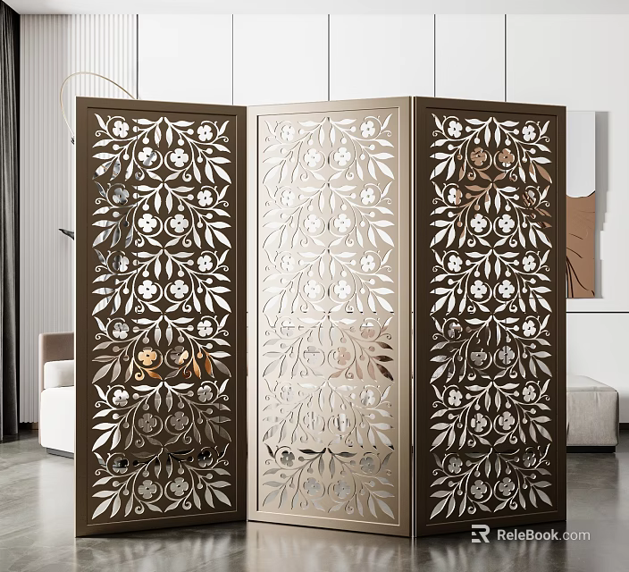 Three Panel Wooden Room Divider Screen With Intricate Carved Floral Patterns For Interior Decor 3d model 