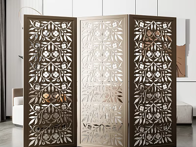Three Panel Wooden Room Divider Screen With Intricate Carved Floral Patterns For Interior Decor 3d model