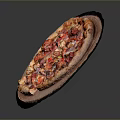 Sliced Pizza Topped With Ham Red Pepper Onion And Cheese On Wooden Board