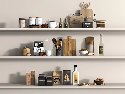 Organized Kitchen Shelves With Various Supplies Jars Utensils And Decorative Items 3d model
