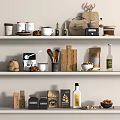 Organized Kitchen Shelves With Various Supplies Jars Utensils And Decorative Items
