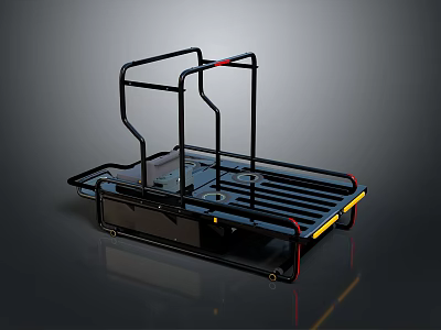 Black Platform Cart With Metal Railings Red Handles And Yellow Wheel Accents 3d model
