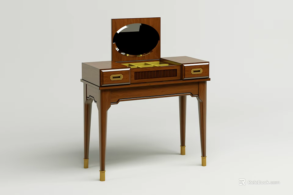 Traditional Wooden Dressing Table With Mirror Drawers And Gold Accent Legs 3d model 