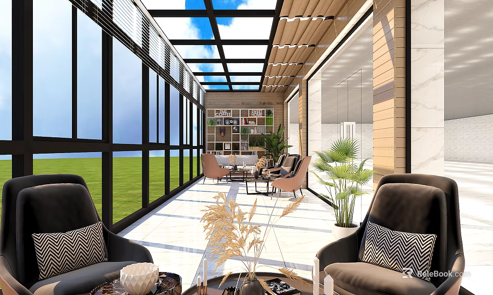 Villa Balcony Featuring Large Glass Windows Glass Roof Green Lawn View Sofa Furniture and Plants 3d model 