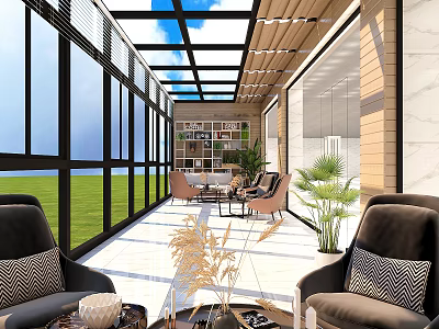 Villa Balcony Featuring Large Glass Windows Glass Roof Green Lawn View Sofa Furniture and Plants 3d model