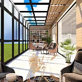 Villa Balcony Featuring Large Glass Windows Glass Roof Green Lawn View Sofa Furniture and Plants