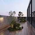 Roof Garden Design with Wooden Deck Table Chairs Umbrella Green Plants and Evening Sky View