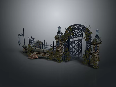 Ornate Iron Gate With Vines And Brick Walls Lamp Posts And Decorative Fence 3d model