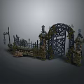 Ornate Iron Gate With Vines And Brick Walls Lamp Posts And Decorative Fence