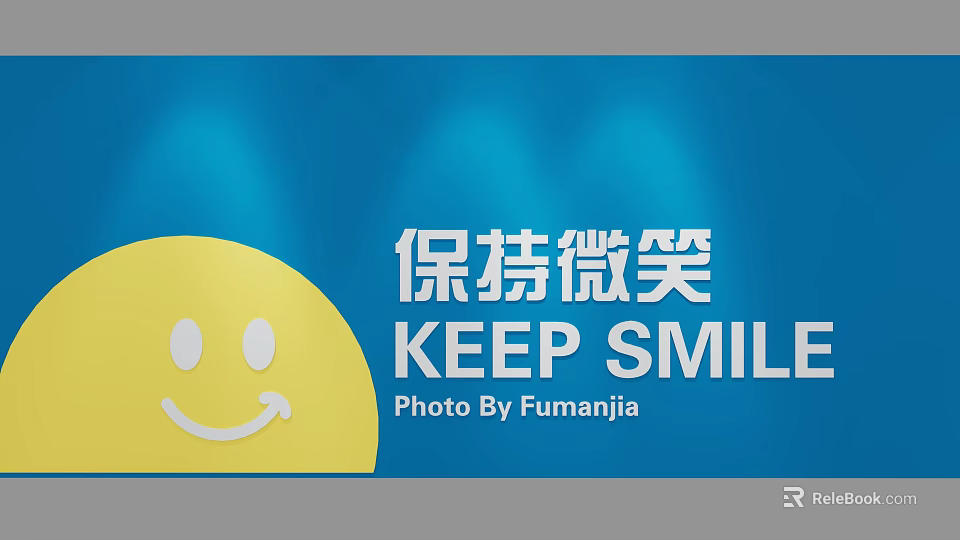 Cheerful Photo Spot With Yellow Smiley Face And Keep Smile Sign On Blue Background 3d model 