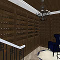 Elegant Wine Cellar Interior With Wooden Wine Racks Chandelier Blue Chair And Round Rug