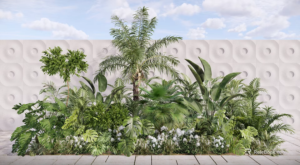 Lush Tropical Plant Combination with Palm Tree Green Foliage White Flowers and Textured Wall 3d model 