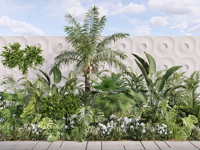 Lush Tropical Plant Combination with Palm Tree Green Foliage White Flowers and Textured Wall 3d model