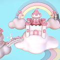 Cartoon Fantasy Scene With Rainbow Castle Floating Clouds Hot Air Balloons And Bunny