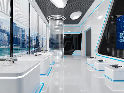 Modern Tech Exhibition Hall With White Blue Lines Display Counters Drone Exhibits Large Digital Screen 3d model