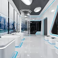 Modern Tech Exhibition Hall With White Blue Lines Display Counters Drone Exhibits Large Digital Screen