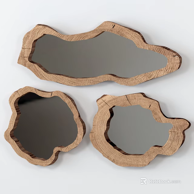 Three Decorative Mirrors With Irregular Wooden Frames And Natural Log Texture 3d model