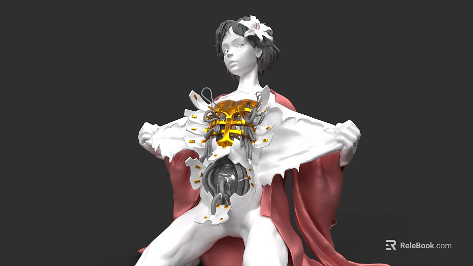 Game Movie Character Short Hair Flower Decoration White Tattered Clothing Red Cape Mechanical Chest Structure 3d model 
