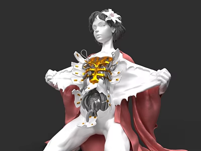 Game Movie Character Short Hair Flower Decoration White Tattered Clothing Red Cape Mechanical Chest Structure 3d model