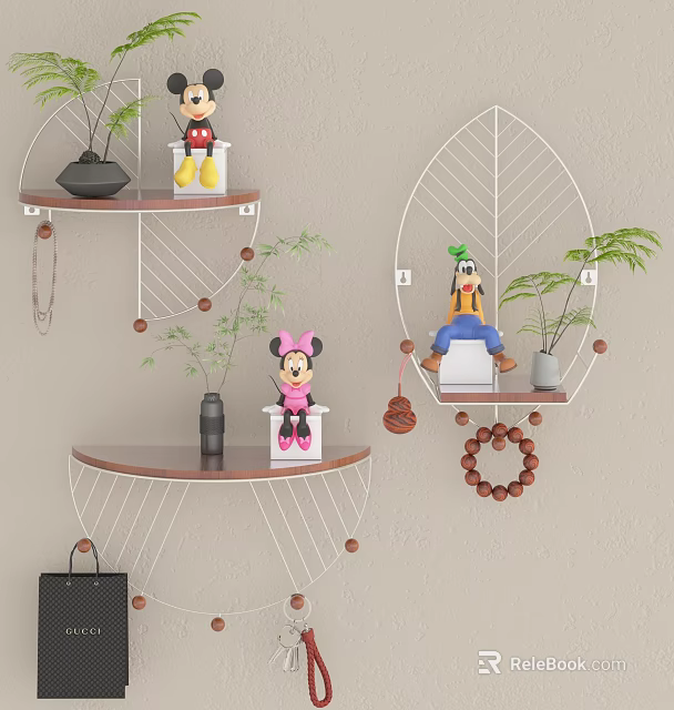 Wall Mounted Decorative Ornament Set with Leaf Shaped Shelves Small Dolls Green Plants and Beads 3d model 