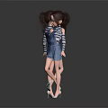 Cartoon Girls With Denim Overalls Dress Striped Long Sleeve Tops High Heels Front Back Dark Background