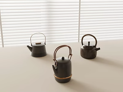 Three Black Teapots on Light Colored Tabletop with White Blinds Background 3d model