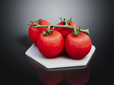 Fresh Red Tomatoes With Green Stems On White Hexagonal Plate Against Black Background 3d model