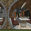 Modern Hotpot Restaurant Interior With Industrial Style Marble Counter Wooden Walls And Display Shelves