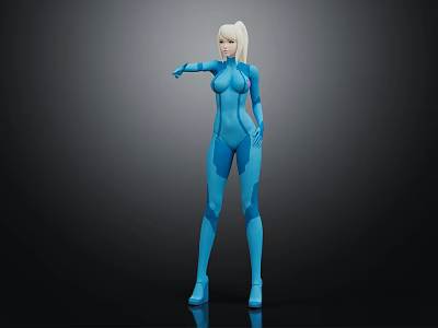 Blonde Female Character In Blue Bodysuit 3D Model Standing Dark Background 3d model