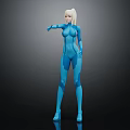 Blonde Female Character In Blue Bodysuit 3D Model Standing Dark Background