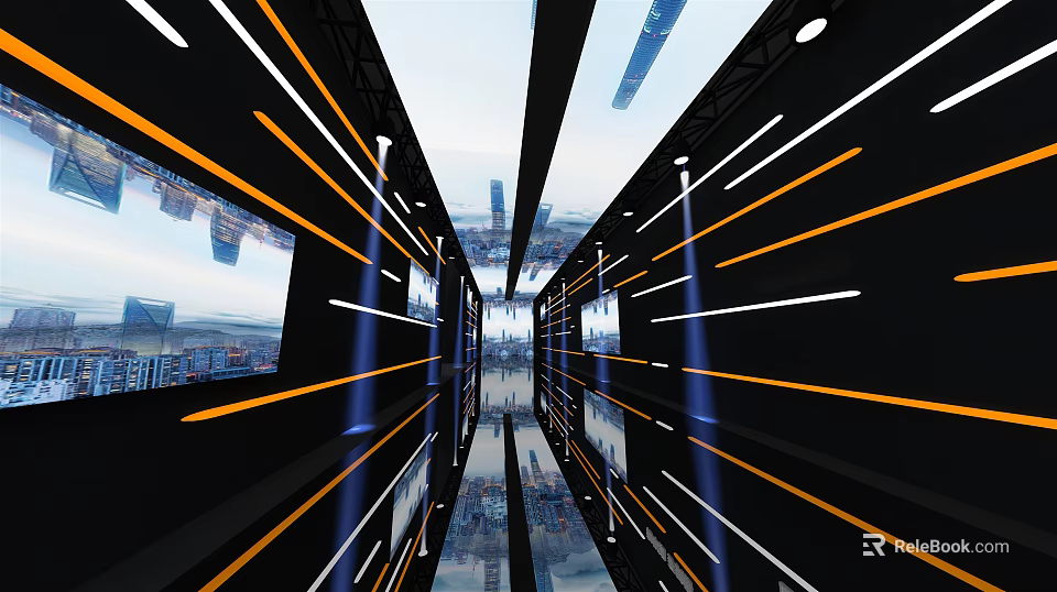 Futuristic Corridor Interior With Orange And White Lines Reflective Floor And Digital Screens 3d model 