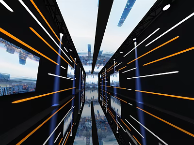Futuristic Corridor Interior With Orange And White Lines Reflective Floor And Digital Screens 3d model