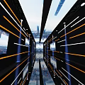 Futuristic Corridor Interior With Orange And White Lines Reflective Floor And Digital Screens