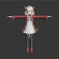 Anime Game Character With Cat Ears Red Coat White Dress Arms Outstretched Standing Pose