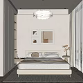 Minimalist Modern Bedroom Interior With Neutral Toned Bed Framed Artwork Pendant Light Sheer Curtains And Area Rug