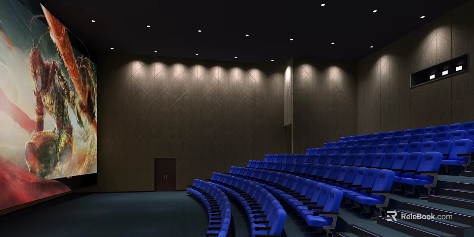 Modern Cinema Theater Interior With Curved Blue Seats Large Screen And Ambient Lighting 3d model 