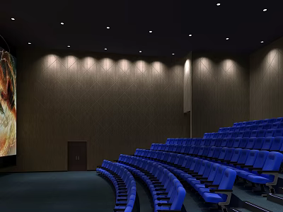 Modern Cinema Theater Interior With Curved Blue Seats Large Screen And Ambient Lighting 3d model