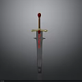 Medieval Decorative Sword With Red Pommel Golden Crossguard And Engraved Red Text On Blade