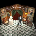 Live Stream Room in Jinsu Square with Vintage Oil Paintings Green Curtains Checkered Floor