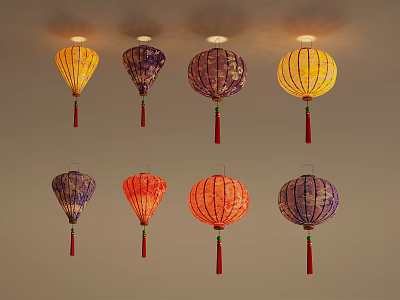 Colorful Hanging Paper Lanterns With Various Patterns For Decorative Ceiling 3d model