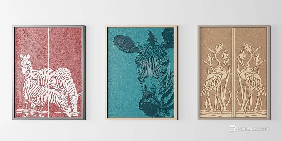 Decorative Wall Art Collection Featuring Zebra Bird Designs Red Blue Beige Backgrounds 3d model