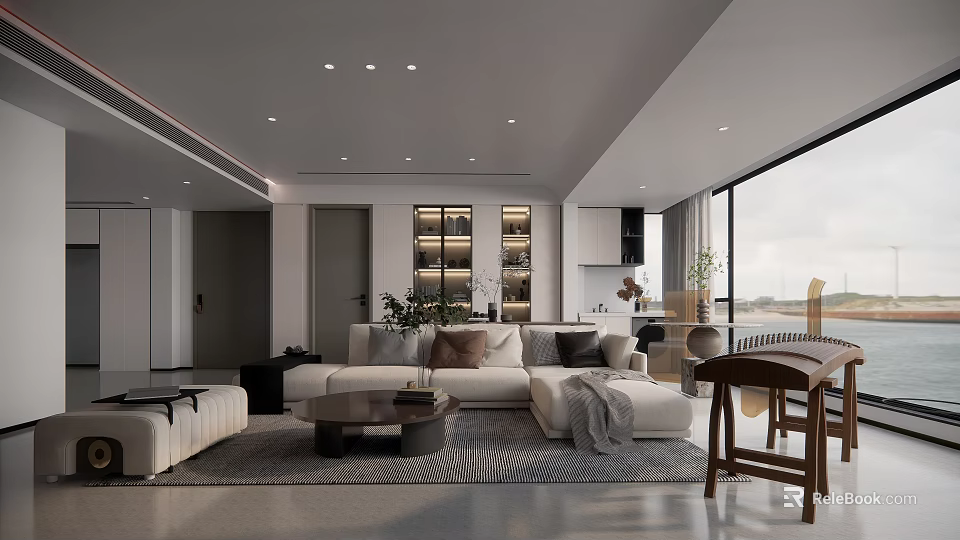 Modern Living Room Interior Design With Sofa Coffee Table Ceiling Lights Large Windows And Display Shelves 3d model 