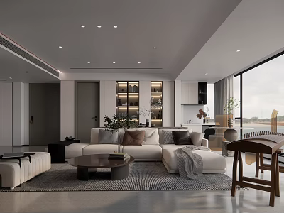 Modern Living Room Interior Design With Sofa Coffee Table Ceiling Lights Large Windows And Display Shelves 3d model
