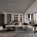 Modern Living Room Interior Design With Sofa Coffee Table Ceiling Lights Large Windows And Display Shelves
