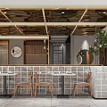 Stylish Restaurant Interior With Wooden Accents Marble Partition Pendant Lights And Dining Chairs