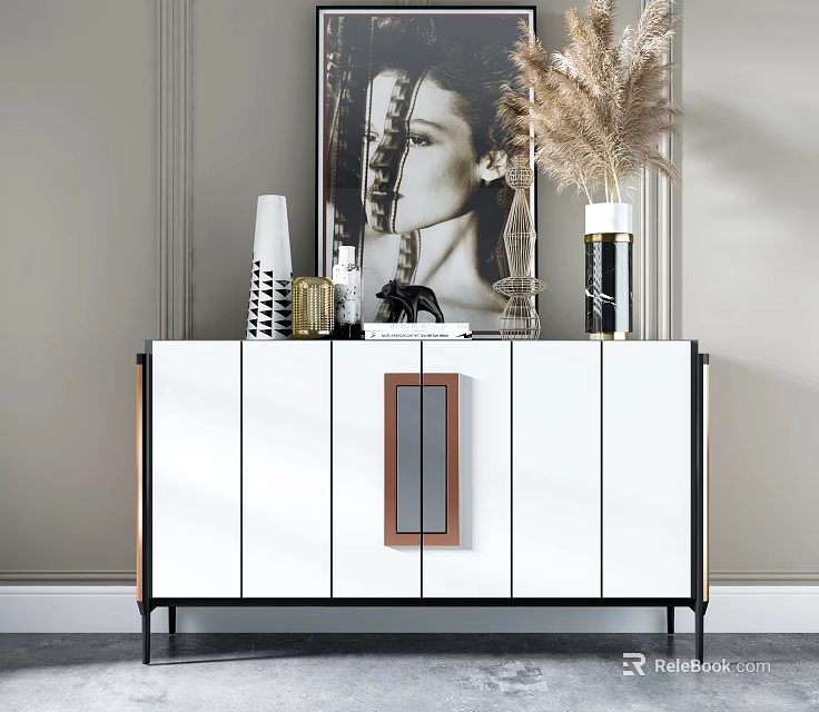 Modern Entryway Cabinet Sideboard With Decorative Painting Pampas Grass And White Black Finish 3d model 