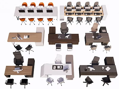 Modern Office Desks In Various Styles With Matching Chairs And Workspace Items 3d model