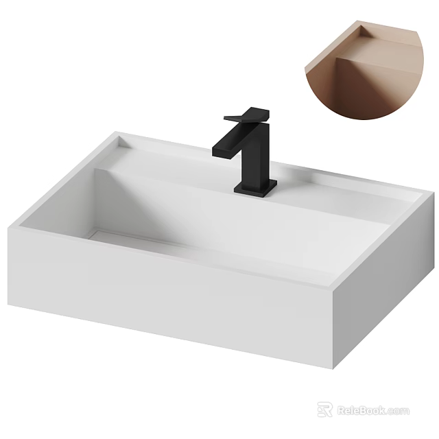 Modern White Square Countertop Wash Basin For Home Bathroom With Black Faucet 3d model 
